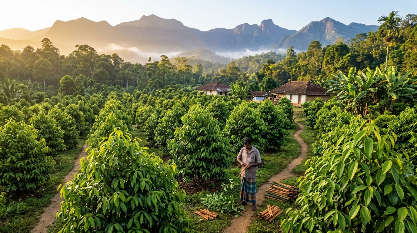 Young cinnamon plants growing in a Sri Lankan plantation